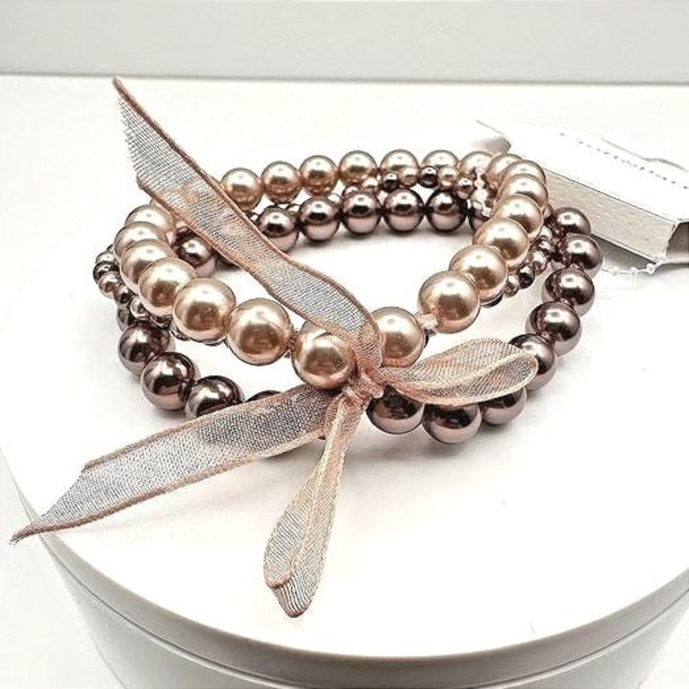 Vintage‎ Croft & Barrow Multi-Strand Bronze Tone Pearl Stretch Bracelet Ribbon